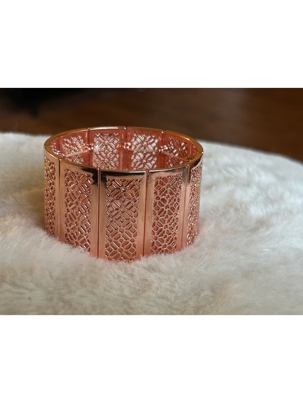 Wide Rose Gold Tone Stretch Bangle Bracelet with Intricate Pattern